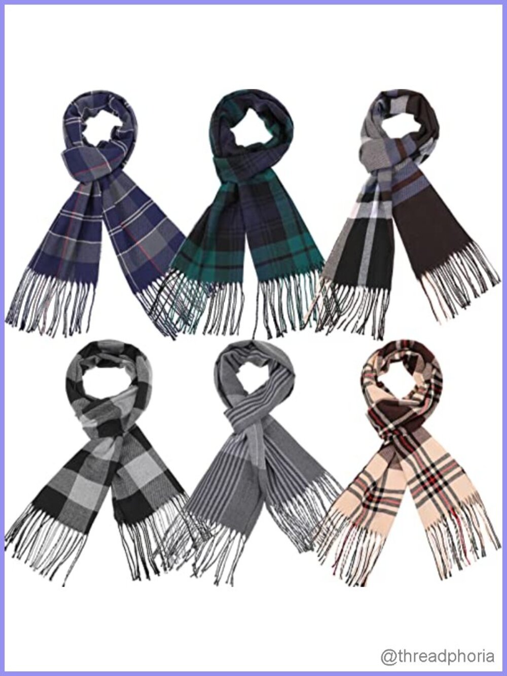 6 Pack Plaid Winter Scarves for Men & Women, Acrylic, Fringed, One Size